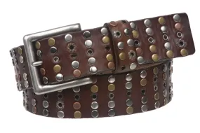 1 1/2" Cowhide Multi Metal Circle Studded Vintage Oil Tanned Leather Belt