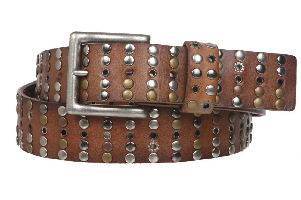 1 1/2" Cowhide Multi Metal Circle Studded Vintage Oil Tanned Leather Belt