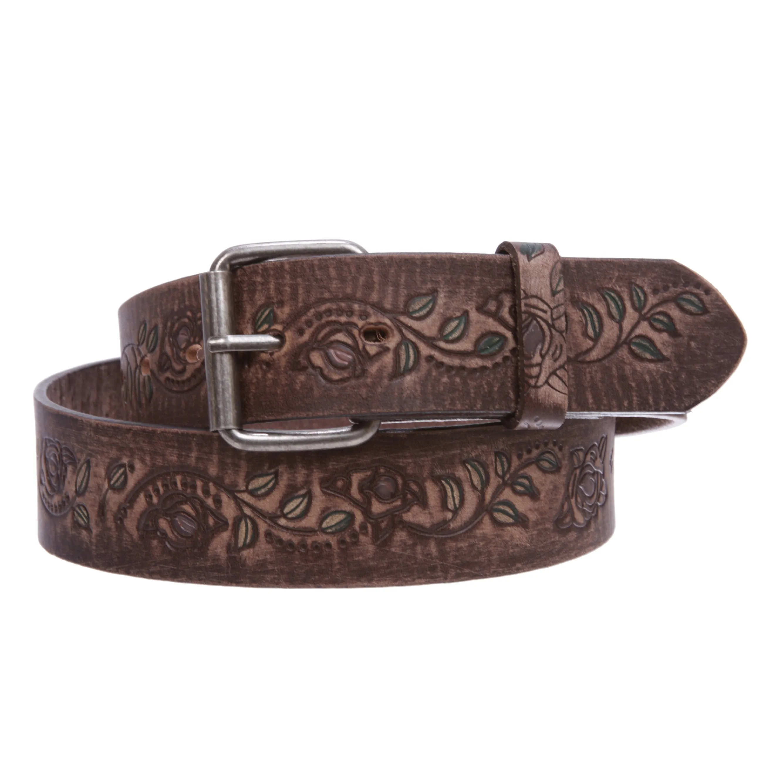 1 1/2" Snap On Floral Tree Engraving Oil Tanned Vintage Full Grain Leather Belt