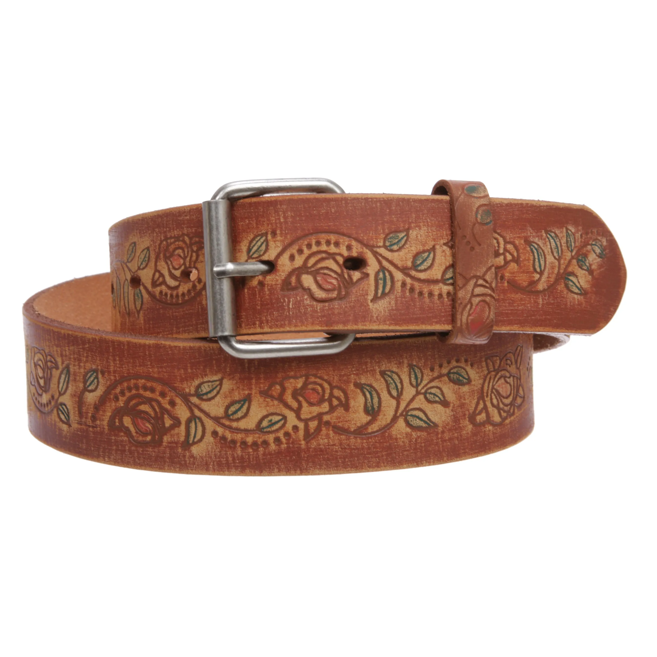 1 1/2" Snap On Floral Tree Engraving Oil Tanned Vintage Full Grain Leather Belt