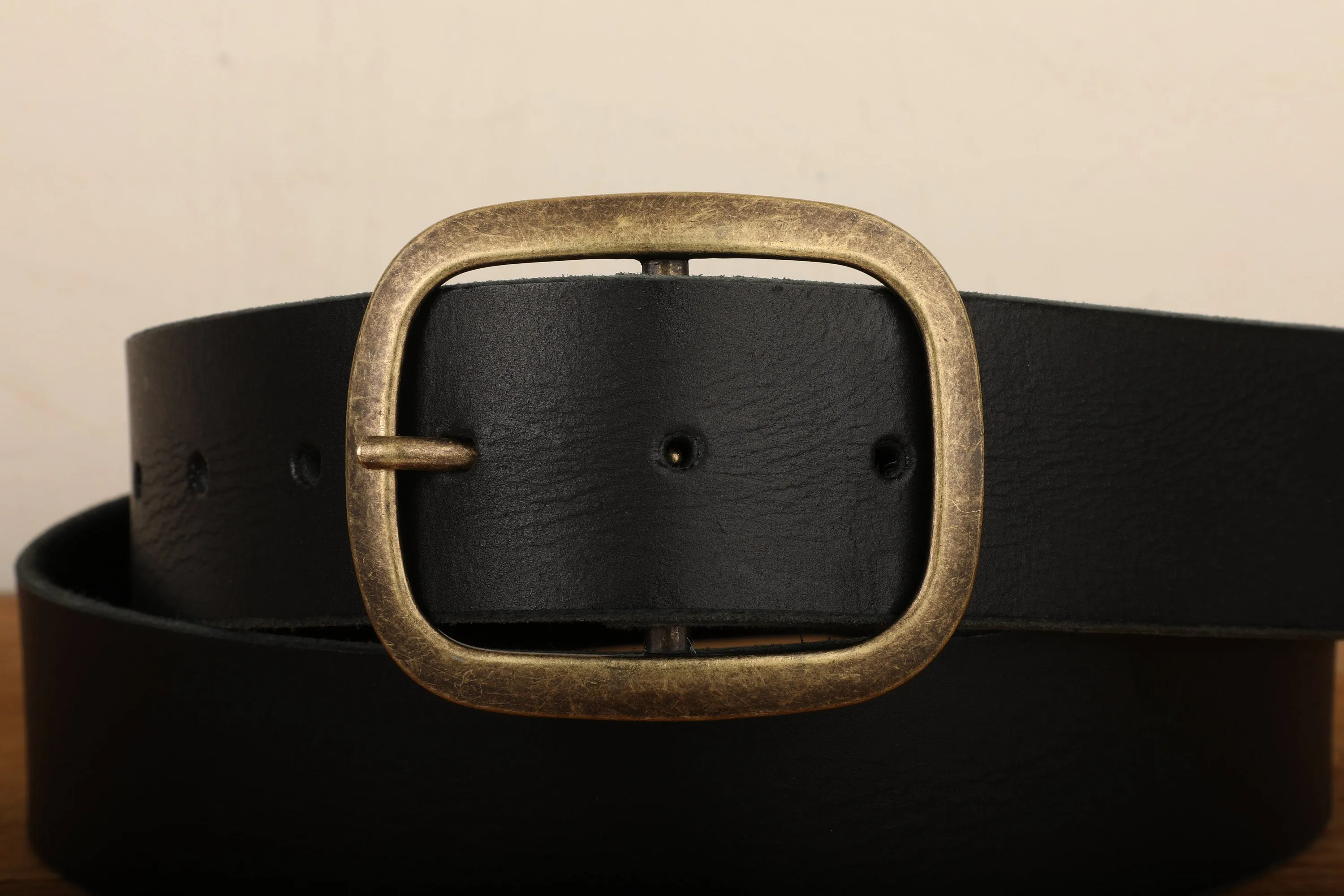 Black Leather Belt with Gold Tone Antique Brass Belt Buckle