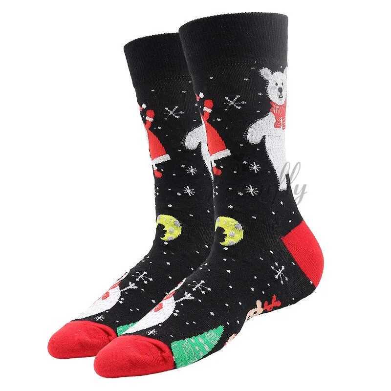 Christmas Socks PEONFLY New Colorful Cotton Happy Men's Crew Socks Harajuku Hip Hop Funny Cartoon Santa Claus Biscuits