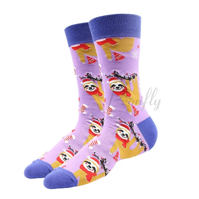 Christmas Socks PEONFLY New Colorful Cotton Happy Men's Crew Socks Harajuku Hip Hop Funny Cartoon Santa Claus Biscuits