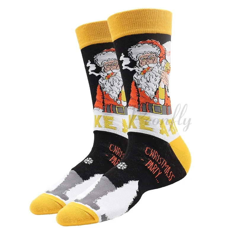 Christmas Socks PEONFLY New Colorful Cotton Happy Men's Crew Socks Harajuku Hip Hop Funny Cartoon Santa Claus Biscuits