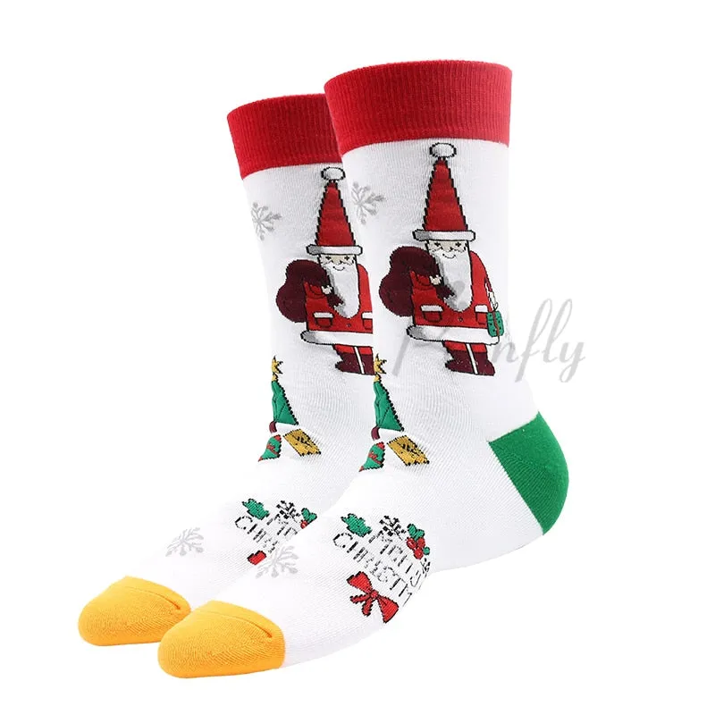 Christmas Socks PEONFLY New Colorful Cotton Happy Men's Crew Socks Harajuku Hip Hop Funny Cartoon Santa Claus Biscuits