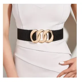 Golden Triple Ring Buckle Belts Elegant Solid Color Elastic Waistband Classic Dress Coat Girdle For Women Girls