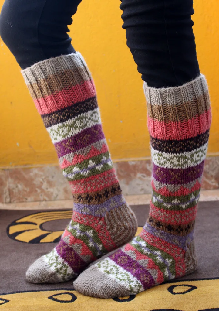 Green Pink Multicolor Handknitted Warm Winter Socks