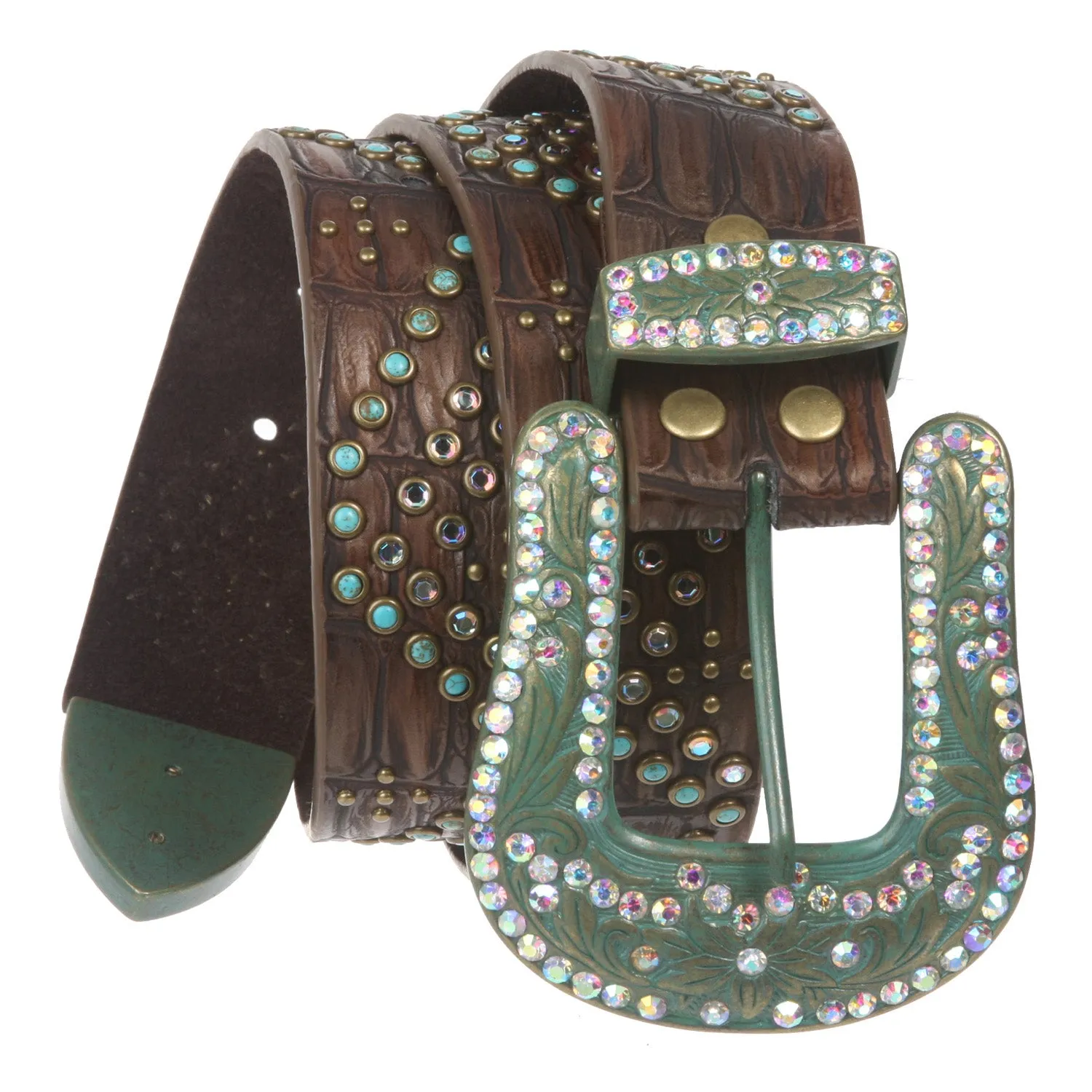 Ladies Western Turquoise Rhinestone Studded Genuine Leather Belt