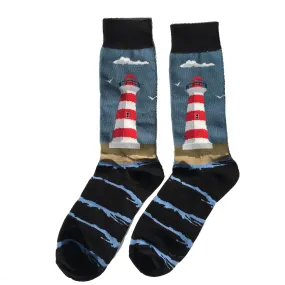 Lighthouse Socks, Nautical Maritime Ocean Black Blue Men Women Crew Cotton Socks, Cool, Cute Crazy & Fun socks