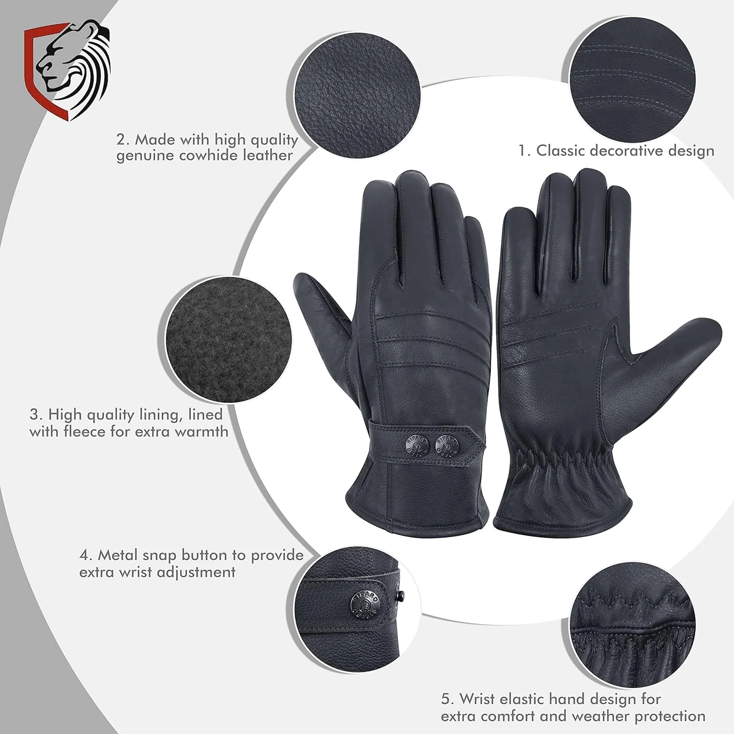 Men's Genuine Leather Fleence Lined Winter Gloves for Cold Weather - Black