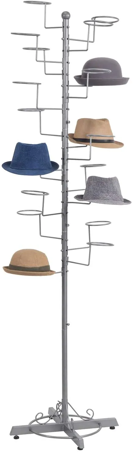 Silver Metal Freestanding Customizable Hat Stand, Wig Retail Display with 20 Circular Hooks