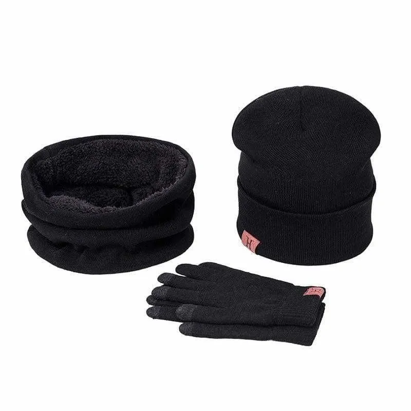 Three Piece Set Winter Hat And Gloves Cotton Unisex Winter Hat Scarf Gloves