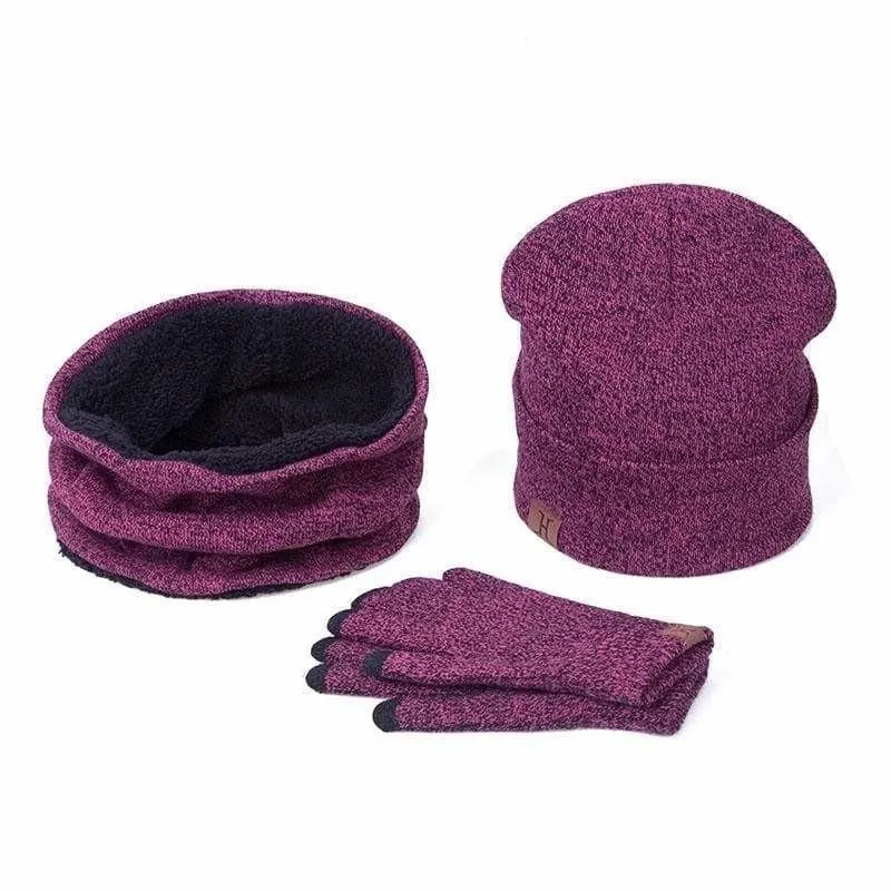 Three Piece Set Winter Hat And Gloves Cotton Unisex Winter Hat Scarf Gloves